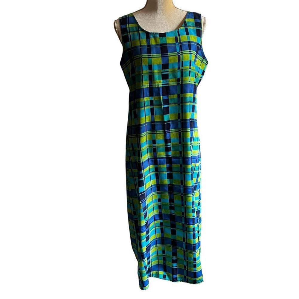 Kathie Lee Collection Blue and Green Plaid Midi Dress